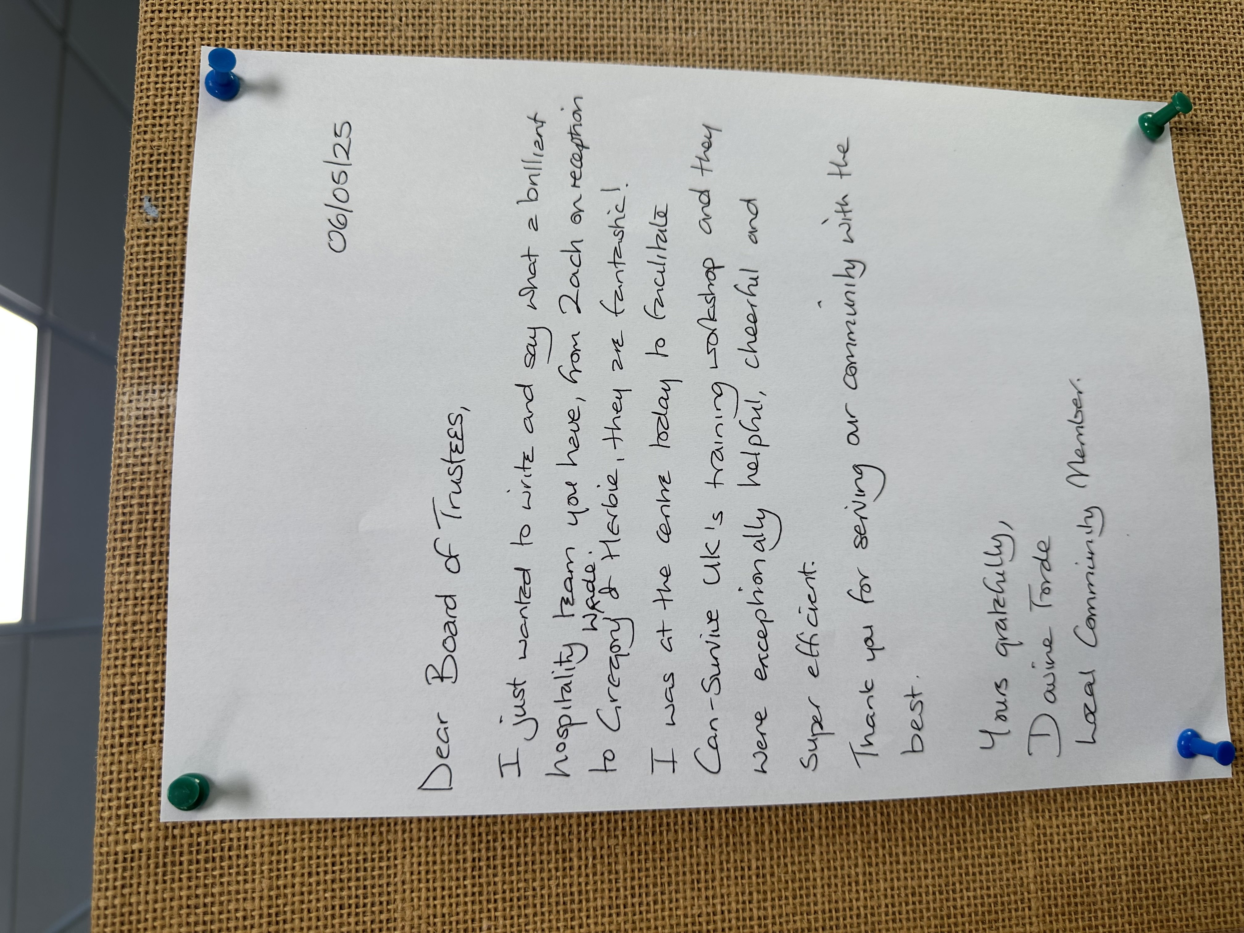 Letter from Davine Forde praising the hospitality team