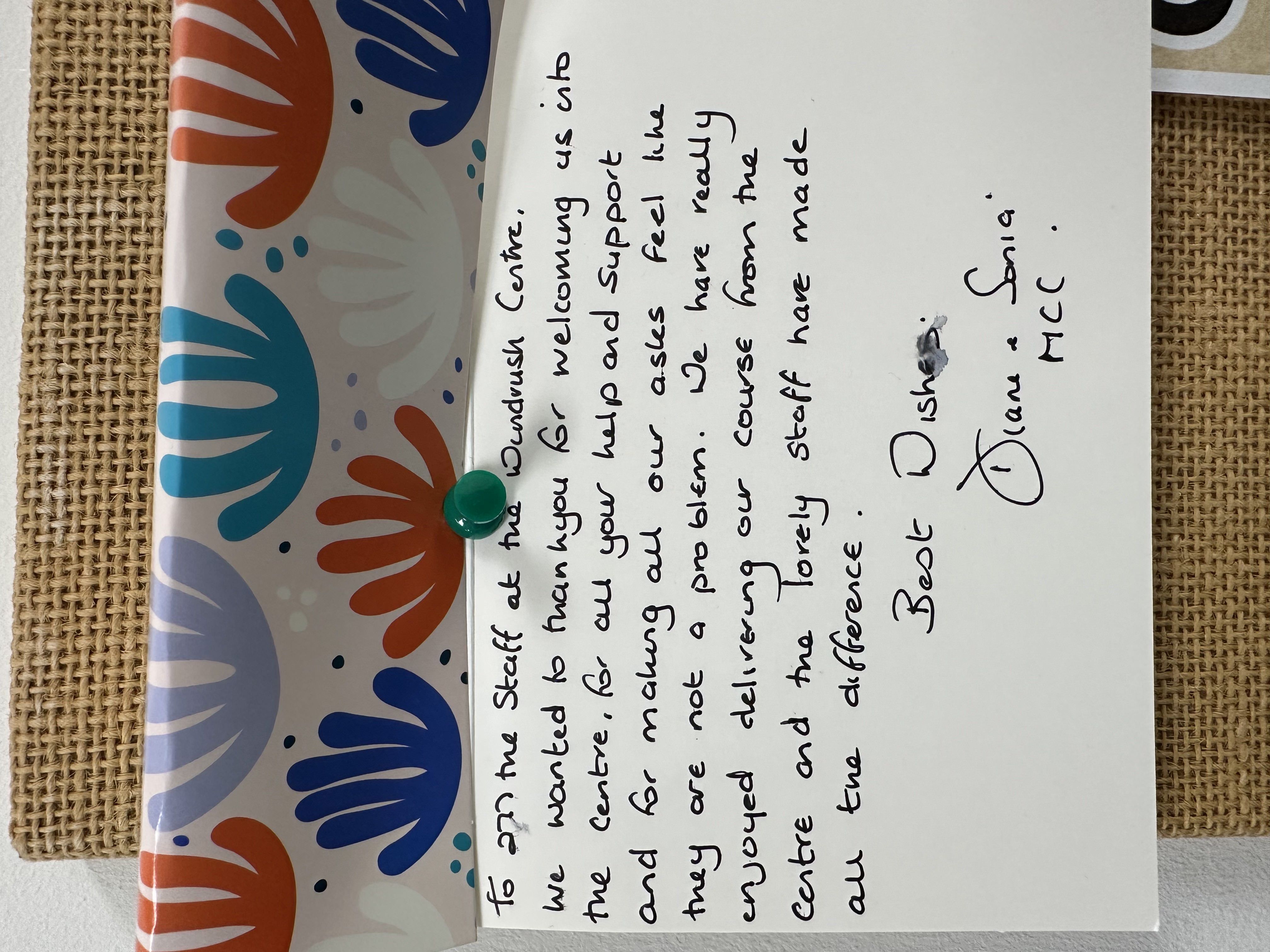 Thank you note from Diane and Sonia